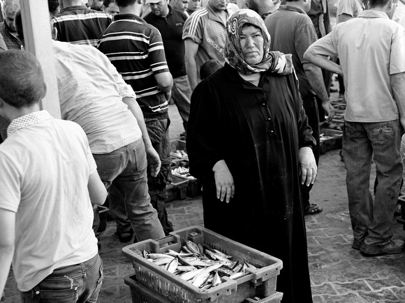 "Hard Work" (2015):  A lone woman working the Gaza City fish market at the Port.