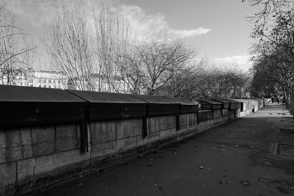 "Bouquinistes" (2017): Book stalls along the Seine near Institute du 'Monde Arabe in Winter.